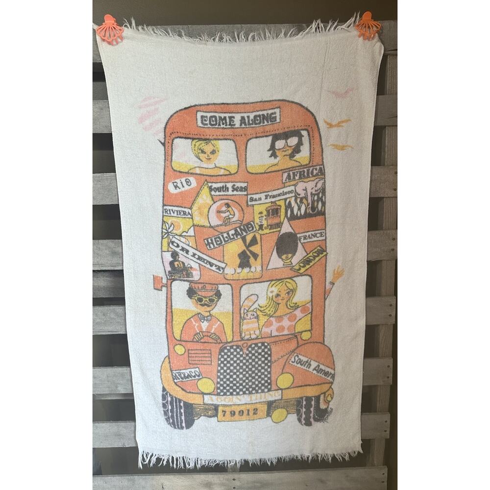Vintage 1960s Monster Groovy Bus Beach Towel Faded Thin
